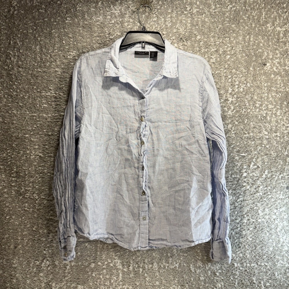 Tahari Women Blue White Striped 100% Linen Button Down Shirt XL Long Sleeve
